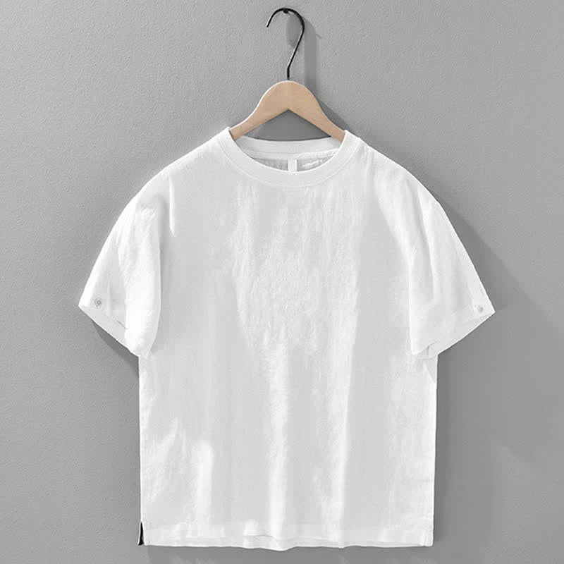 Buddha Stones 夏物カジュアルミニマリスト無地リネンクルーネックメンズ半袖Tシャツ - 白 - US/UK/AU42、 EU52 (3XL) - image 14
