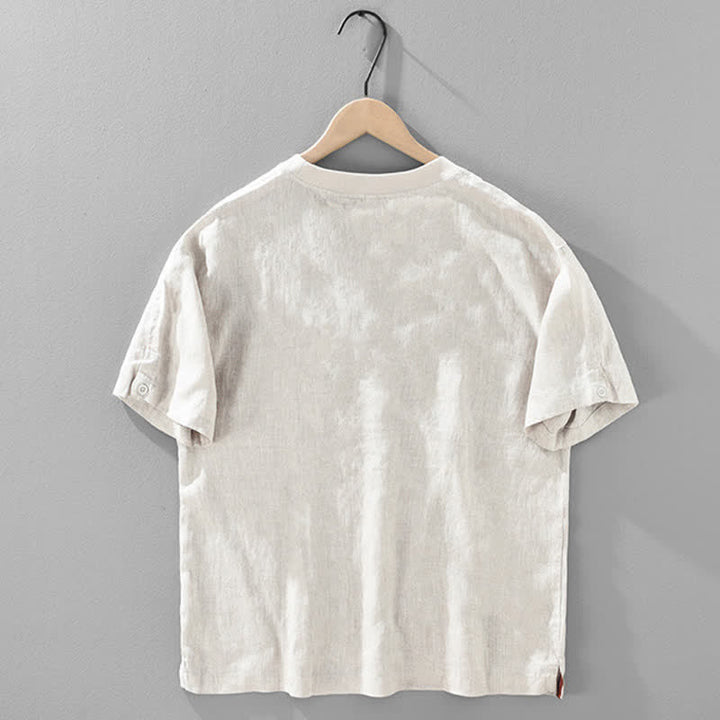 Buddha Stones 夏物カジュアルミニマリスト無地リネンクルーネックメンズ半袖Tシャツ - image 2