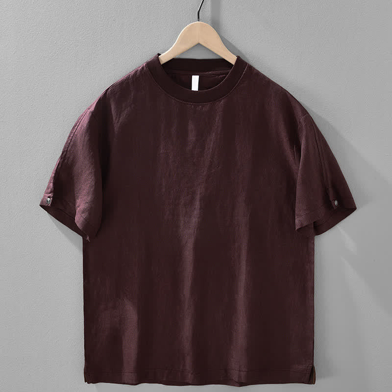 Buddha Stones 夏物カジュアルミニマリスト無地リネンクルーネックメンズ半袖Tシャツ - マルーン - US/UK/AU42、 EU52 (3XL) - image 13