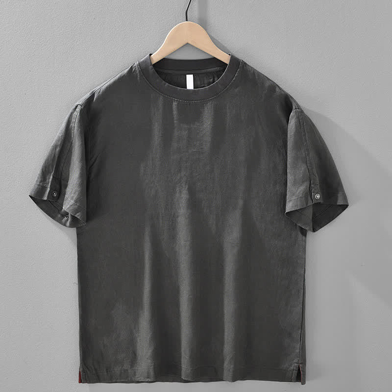 Buddha Stones 夏物カジュアルミニマリスト無地リネンクルーネックメンズ半袖Tシャツ - 薄暗い灰色 - US/UK/AU42、 EU52 (3XL) - image 12