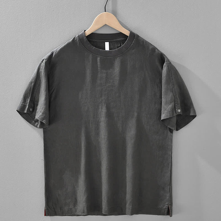 Buddha Stones 夏物カジュアルミニマリスト無地リネンクルーネックメンズ半袖Tシャツ - 薄暗い灰色 - US/UK/AU42、 EU52 (3XL) - image 12