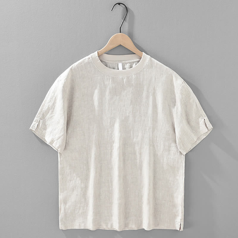 Buddha Stones 夏物カジュアルミニマリスト無地リネンクルーネックメンズ半袖Tシャツ - image 1