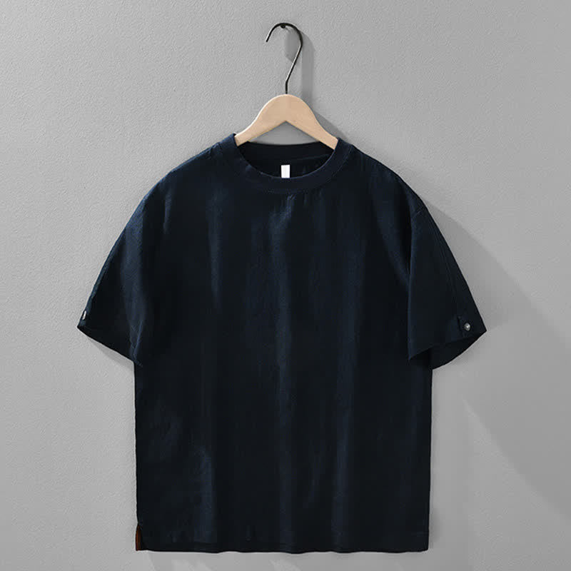Buddha Stones 夏物カジュアルミニマリスト無地リネンクルーネックメンズ半袖Tシャツ - ミッドナイトブルー - US/UK/AU42、 EU52 (3XL) - image 11