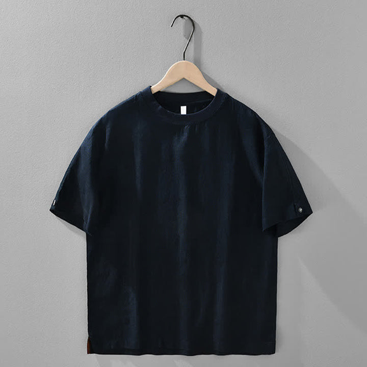 Buddha Stones 夏物カジュアルミニマリスト無地リネンクルーネックメンズ半袖Tシャツ - ミッドナイトブルー - US/UK/AU42、 EU52 (3XL) - image 11