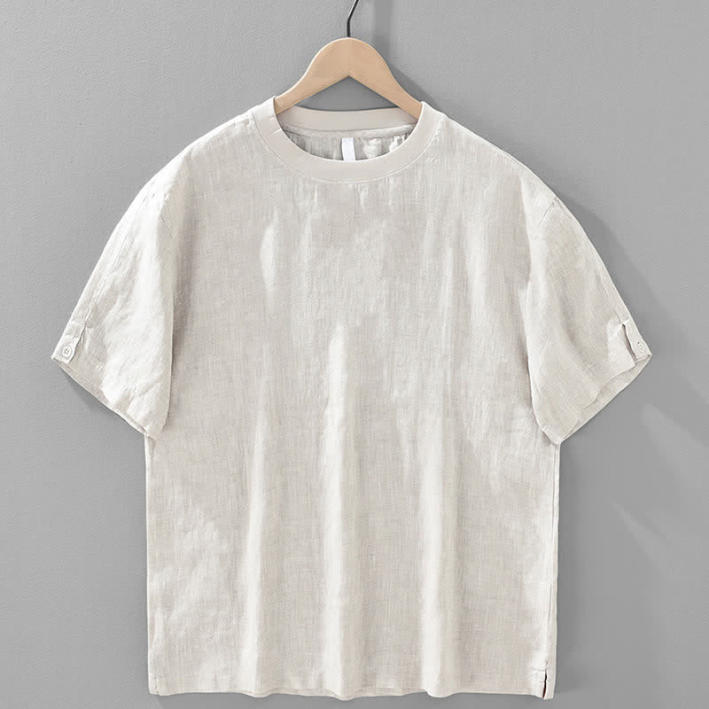 Buddha Stones 夏物カジュアルミニマリスト無地リネンクルーネックメンズ半袖Tシャツ - リネン - US/UK/AU42、 EU52 (3XL) - image 0