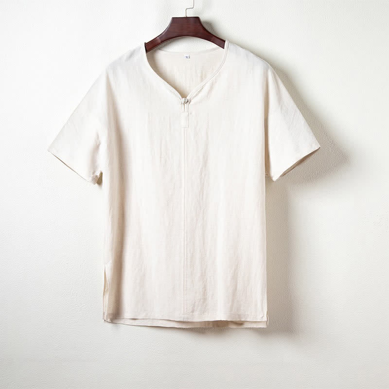 Buddha Stones 夏物カジュアル タンカラー Vネック 無地 メンズ半袖シャツ - リネン - US/UK/AU44、 EU54 (4XL) - image 9