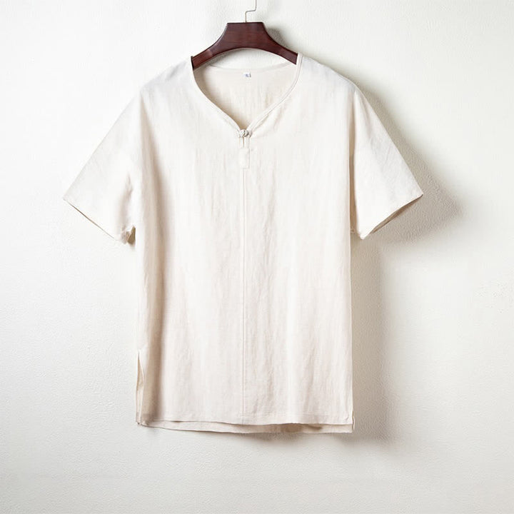 Buddha Stones 夏物カジュアル タンカラー Vネック 無地 メンズ半袖シャツ - リネン - US/UK/AU44、 EU54 (4XL) - image 9