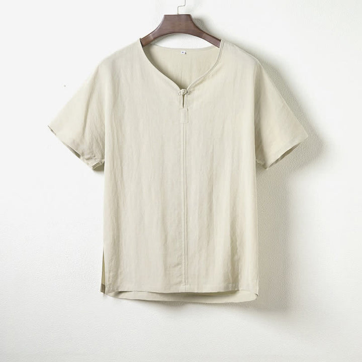 Buddha Stones 夏物カジュアル タンカラー Vネック 無地 メンズ半袖シャツ - 甘露 - US/UK/AU44、 EU54 (4XL) - image 7