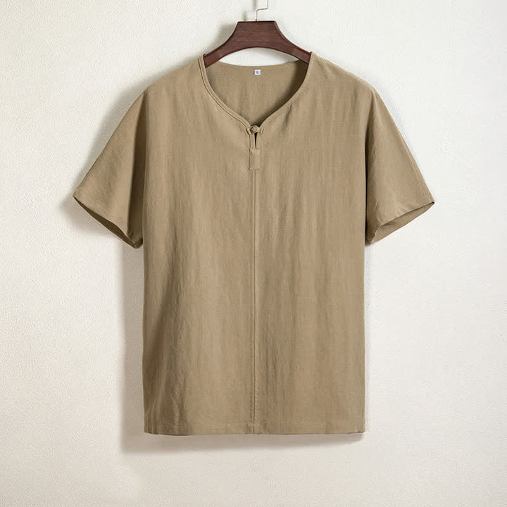Buddha Stones 夏物カジュアル タンカラー Vネック 無地 メンズ半袖シャツ - タン - US/UK/AU44、 EU54 (4XL) - image 0