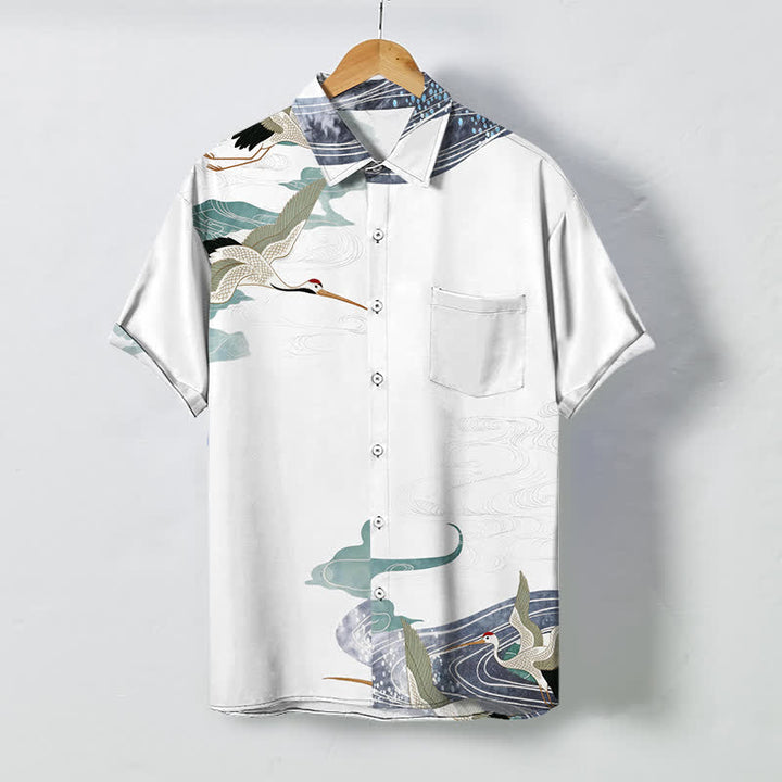 Buddha Stones 鶴の波雲模様ボタン付き通気性メンズ半袖シャツ - 白 - US/UK/AU48、 EU58 (4XL) - image 0