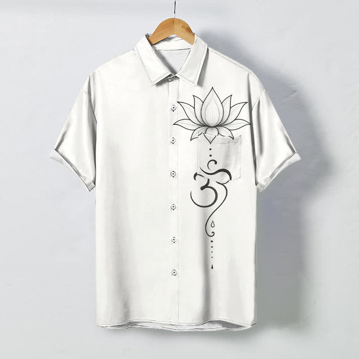 Buddha Stones 蓮の花とオムのラインアート柄ボタン付き通気性メンズ半袖シャツ - 白 - US/UK/AU48、 EU58 (4XL) - image 0