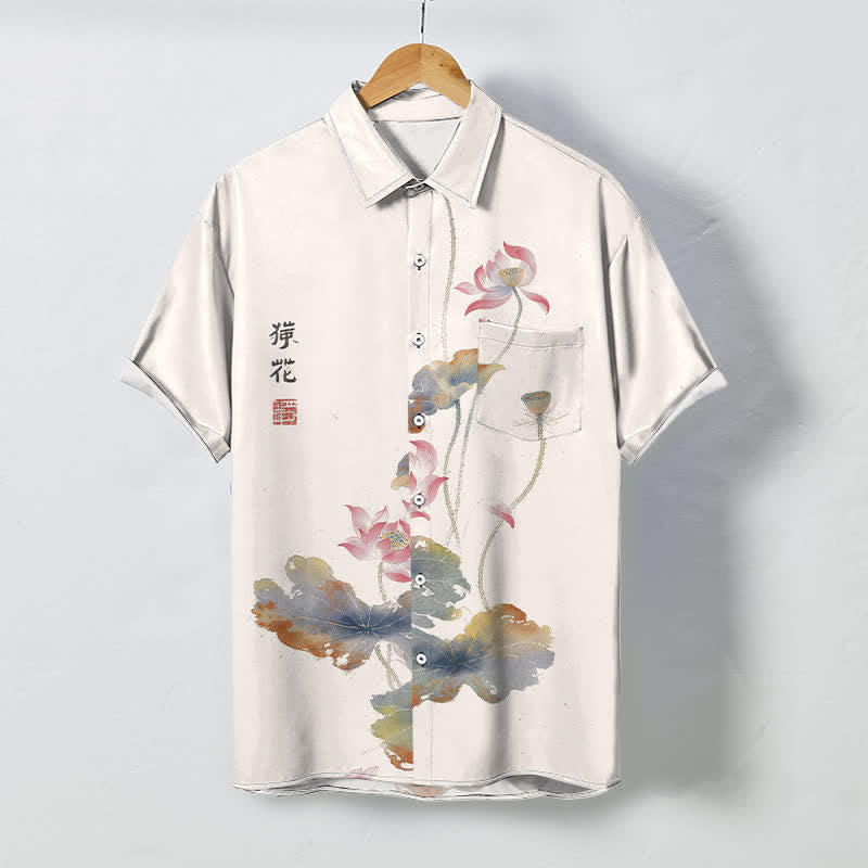 Buddha Stones 墨蓮書道模様ボタン付き通気性メンズ半袖シャツ - 象牙 - US/UK/AU48、 EU58 (4XL) - image 0