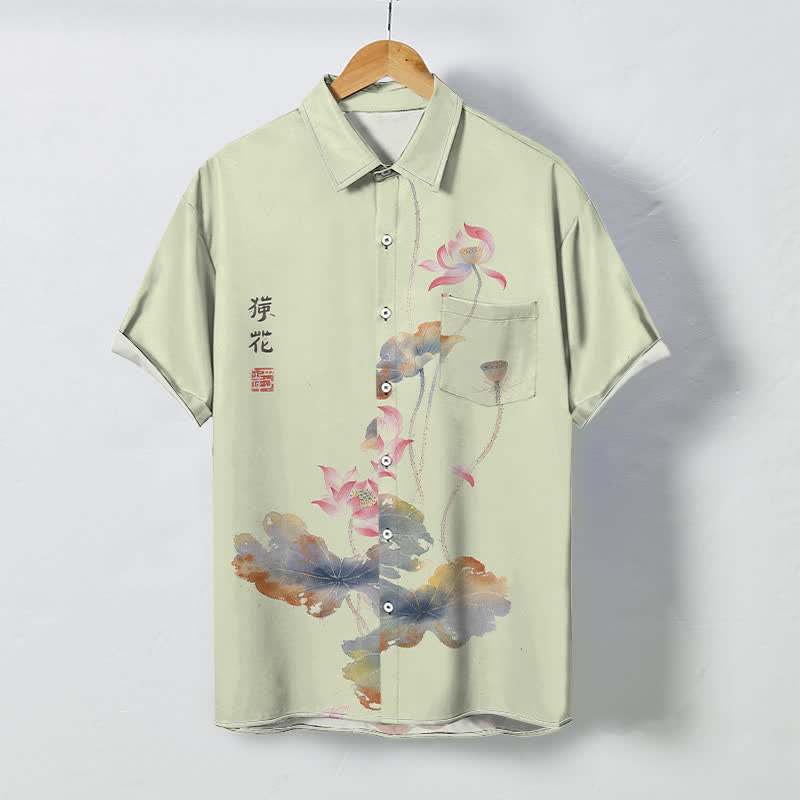 Buddha Stones 墨蓮書道模様ボタン付き通気性メンズ半袖シャツ - 黄緑 - US/UK/AU48、 EU58 (4XL) - image 5