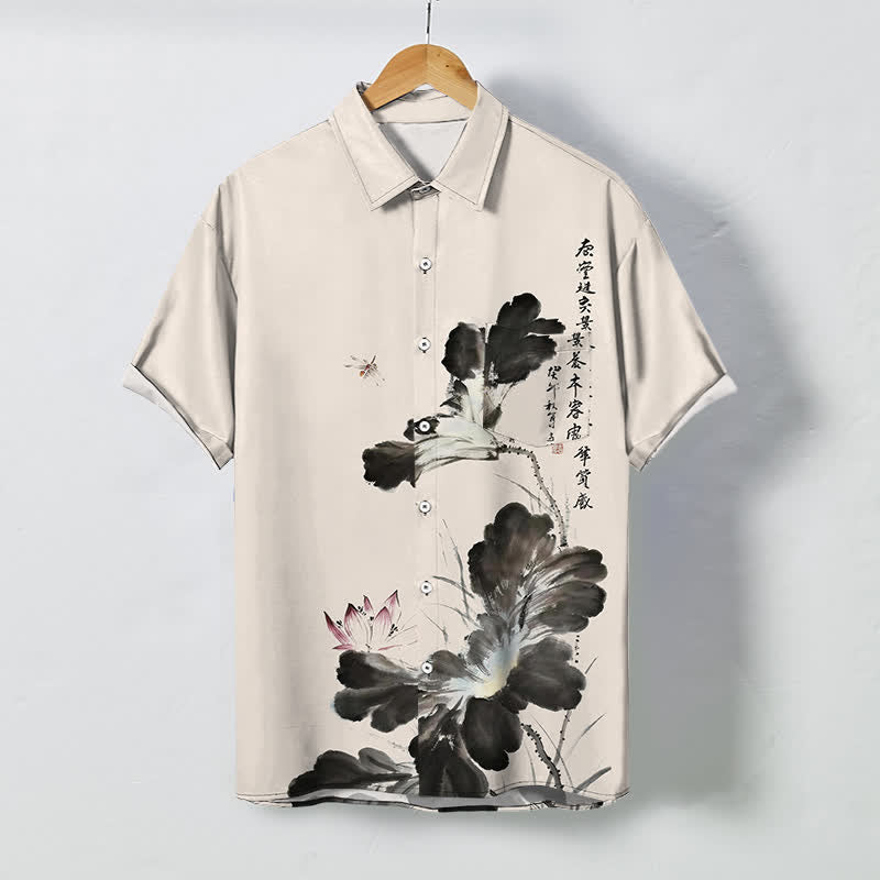 Buddha Stones インク花柄カリグラフィー柄ボタン付き通気性メンズ半袖シャツ - ベージュ - US/UK/AU48、 EU58 (4XL) - image 0