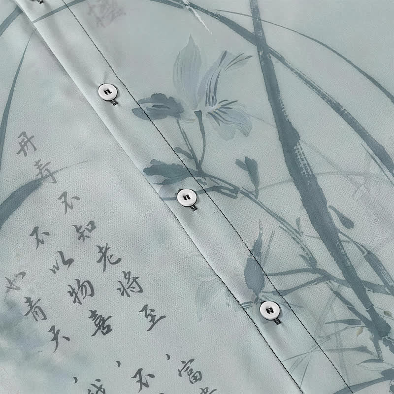 Buddha Stones 墨竹書道模様ボタン付き通気性メンズ半袖シャツ - image 3