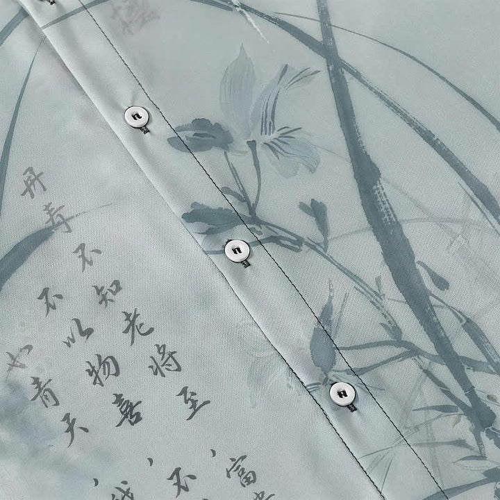 Buddha Stones 墨竹書道模様ボタン付き通気性メンズ半袖シャツ - image 3