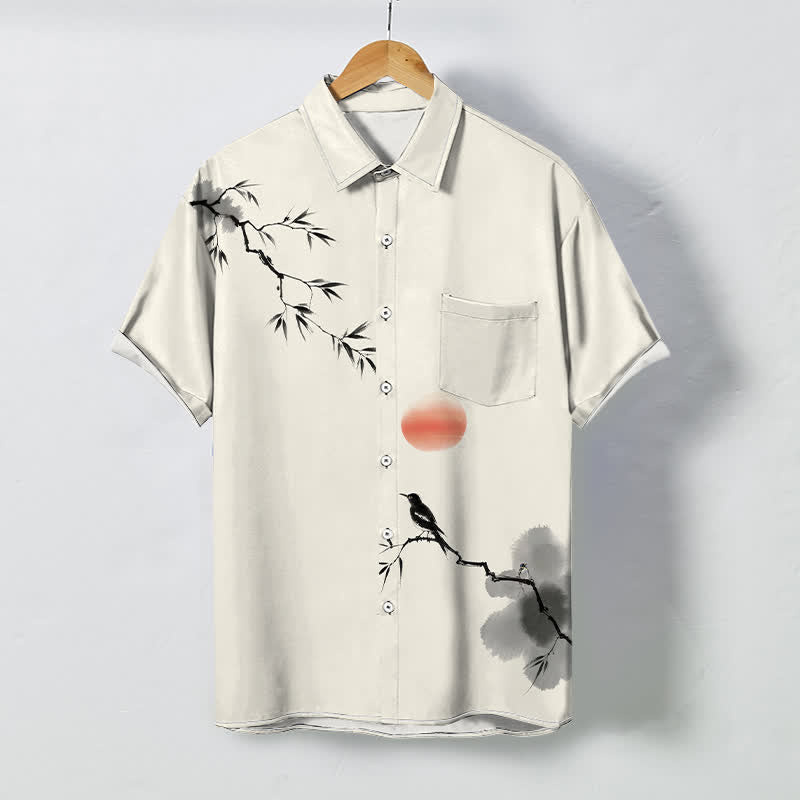 Buddha Stones 墨竹鳥太陽柄ボタン付き通気性メンズ半袖シャツ - 象牙 - US/UK/AU48、 EU58 (4XL) - image 0
