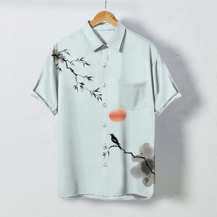 Buddha Stones 墨竹鳥太陽柄ボタン付き通気性メンズ半袖シャツ - ライトシアン - US/UK/AU48、 EU58 (4XL) - image 5