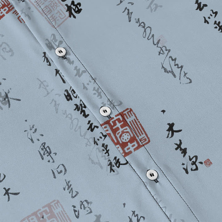 Buddha Stones 中国書道の赤い印鑑模様のボタンが付いた通気性の良いメンズ半袖シャツ - image 3