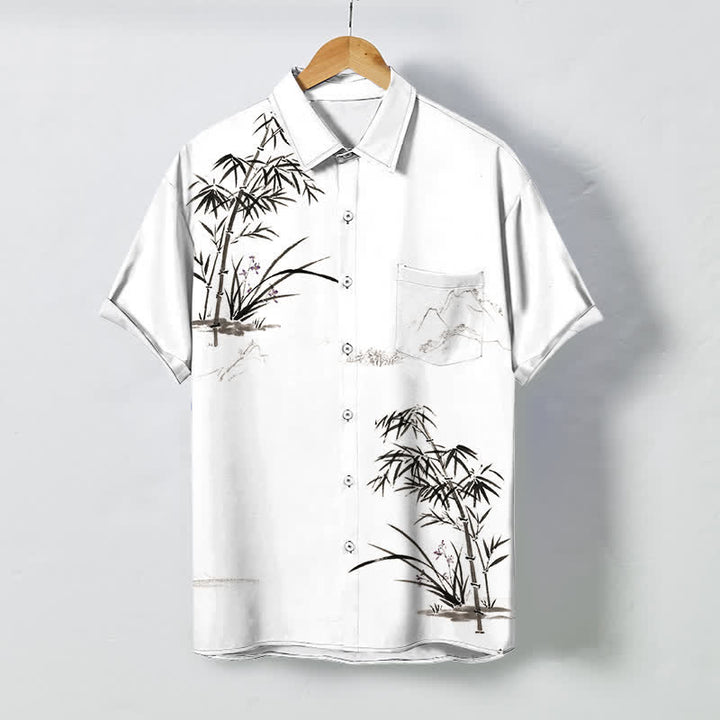 Buddha Stones 墨竹風景柄ボタン付き通気性メンズ半袖シャツ - 白 - US/UK/AU48、 EU58 (4XL) - image 0