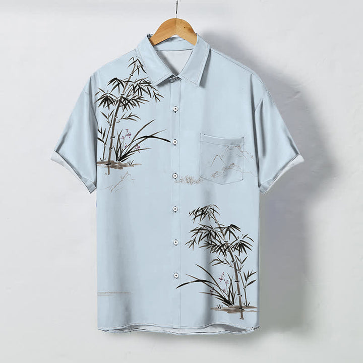 Buddha Stones 墨竹風景柄ボタン付き通気性メンズ半袖シャツ - パウダーブルー - US/UK/AU48、 EU58 (4XL) - image 3