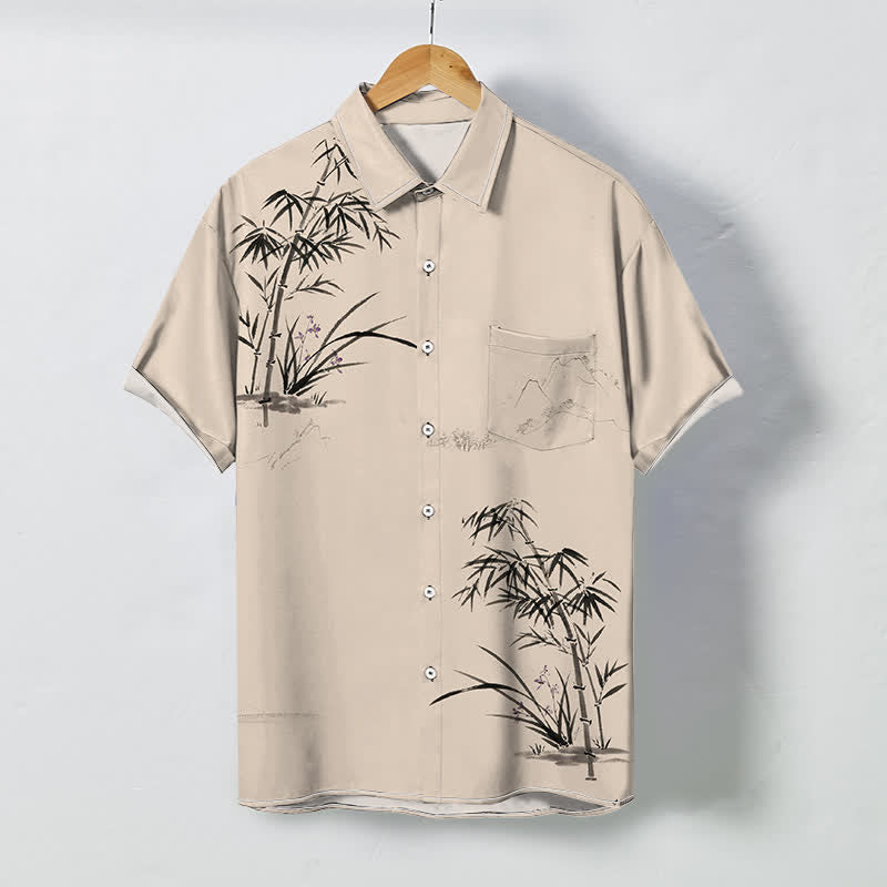 Buddha Stones 墨竹風景柄ボタン付き通気性メンズ半袖シャツ - アンティークホワイト - US/UK/AU48、 EU58 (4XL) - image 5