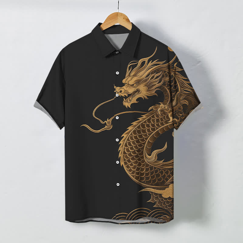 Buddha Stones ゴールデン東洋龍柄ボタン付き通気性メンズ半袖シャツ - 黒 - US/UK/AU48、 EU58 (4XL) - image 5