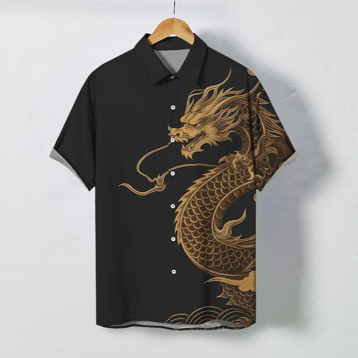 Buddha Stones ゴールデン東洋龍柄ボタン付き通気性メンズ半袖シャツ - 黒 - US/UK/AU48、 EU58 (4XL) - image 5