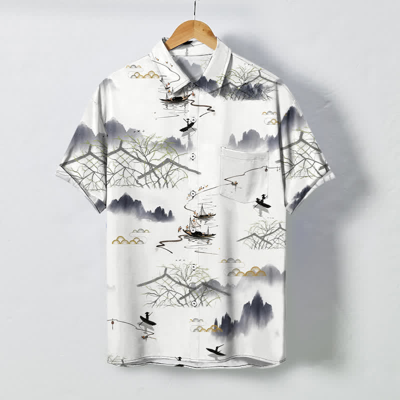 Buddha Stones 墨絵風景山舟柄ボタン付き通気性メンズ半袖シャツ - 白 - US/UK/AU48、 EU58 (4XL) - image 0