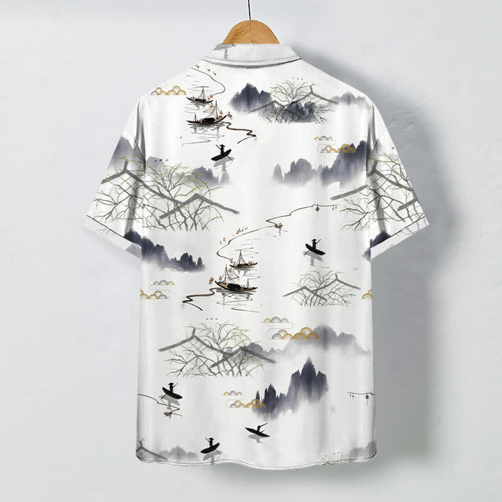 Buddha Stones 墨絵風景山舟柄ボタン付き通気性メンズ半袖シャツ - image 1