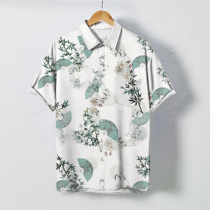 Buddha Stones ミントファン竹花柄ボタン付き通気性メンズ半袖シャツ - 白 - US/UK/AU48、 EU58 (4XL) - image 0