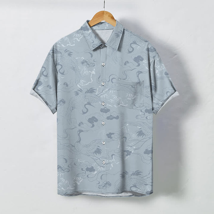 Buddha Stones 雲鶴柄ボタン付き通気性メンズ半袖シャツ - ライトスチールブルー - US/UK/AU48、 EU58 (4XL) - image 0