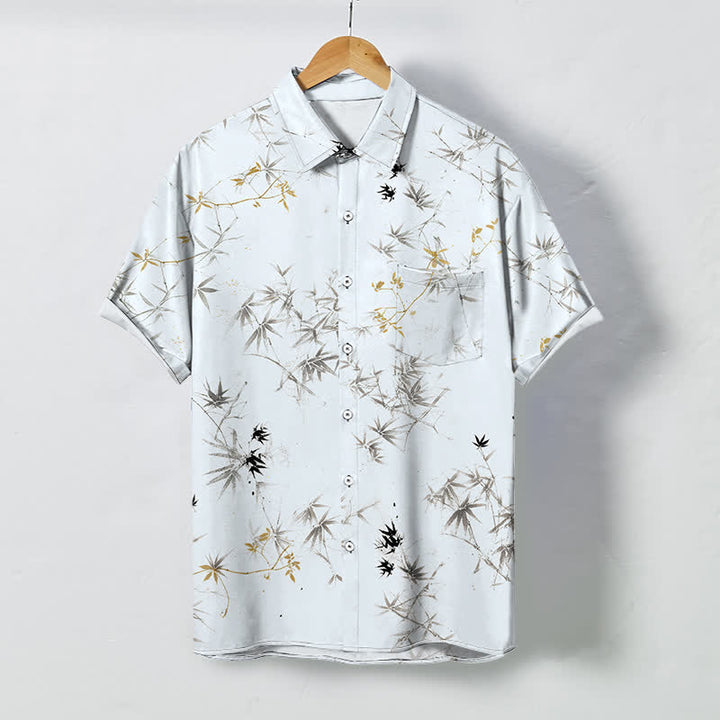 Buddha Stones 墨竹葉柄ボタン付き通気性メンズ半袖シャツ - 白 - US/UK/AU48、 EU58 (4XL) - image 0