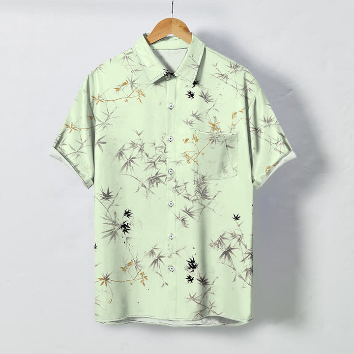 Buddha Stones 墨竹葉柄ボタン付き通気性メンズ半袖シャツ - 甘露 - US/UK/AU48、 EU58 (4XL) - image 3