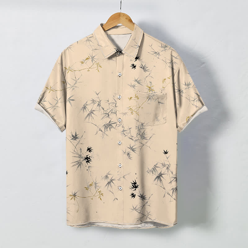 Buddha Stones 墨竹葉柄ボタン付き通気性メンズ半袖シャツ - 小麦 - US/UK/AU48、 EU58 (4XL) - image 5