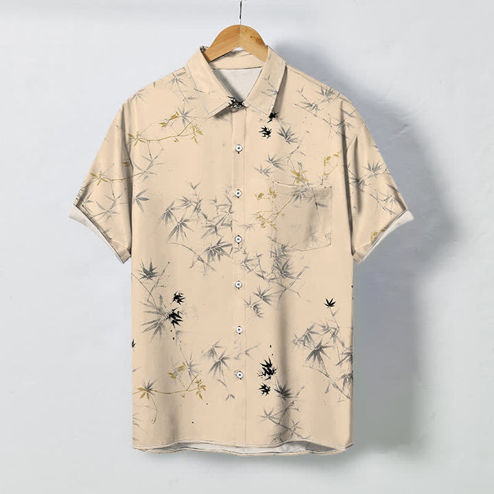 Buddha Stones 墨竹葉柄ボタン付き通気性メンズ半袖シャツ - 小麦 - US/UK/AU48、 EU58 (4XL) - image 5