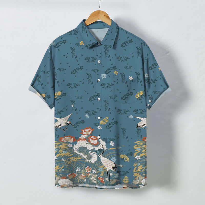 Buddha Stones 花柄鶴模様ボタン付き通気性メンズ半袖シャツ - スチールブルー - US/UK/AU48、 EU58 (4XL) - image 0