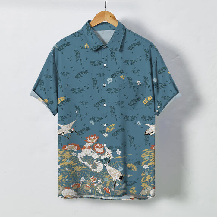 Buddha Stones 花柄鶴模様ボタン付き通気性メンズ半袖シャツ - スチールブルー - US/UK/AU48、 EU58 (4XL) - image 0