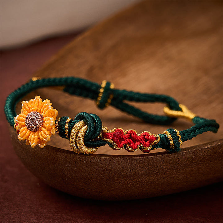 Buddha Stones 手織りの赤紐で作られた桃の花とひまわりの幸運ブレスレット - image 4