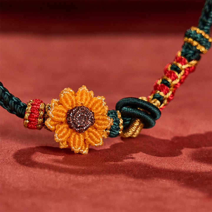 Buddha Stones 手織りの赤紐で作られた桃の花とひまわりの幸運ブレスレット - image 10