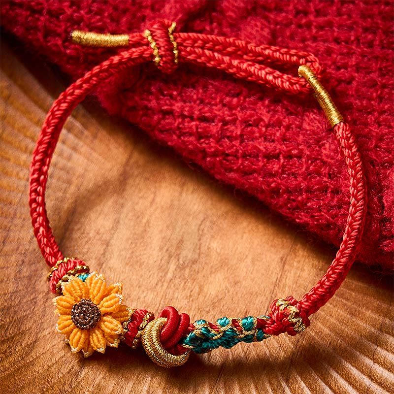 Buddha Stones 手織りの赤紐で作られた桃の花とひまわりの幸運ブレスレット - image 12