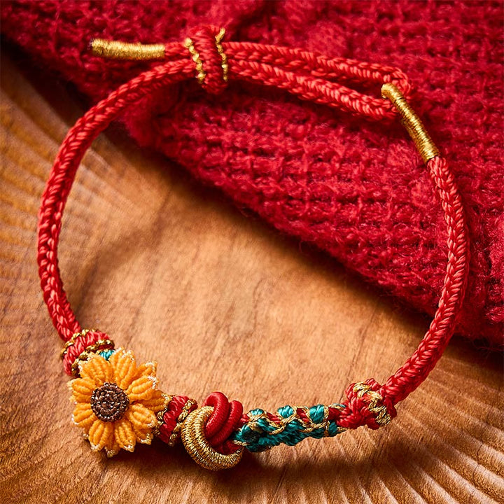 Buddha Stones 手織りの赤紐で作られた桃の花とひまわりの幸運ブレスレット - image 12