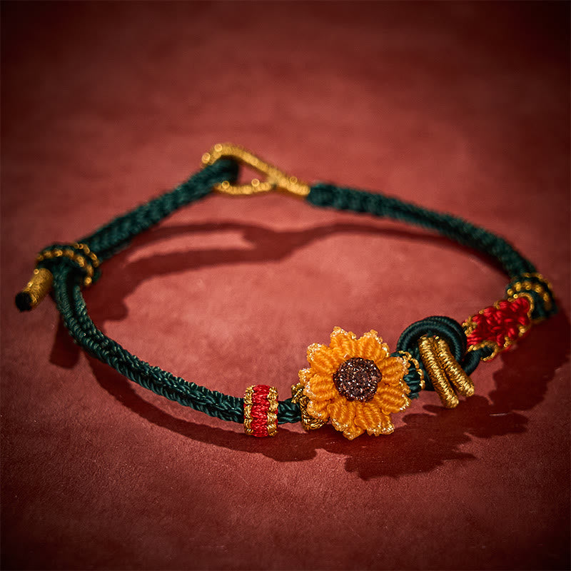 Buddha Stones 手織りの赤紐で作られた桃の花とひまわりの幸運ブレスレット - image 2