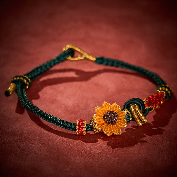 Buddha Stones 手織りの赤紐で作られた桃の花とひまわりの幸運ブレスレット - image 2