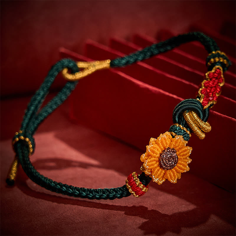 Buddha Stones 手織りの赤紐で作られた桃の花とひまわりの幸運ブレスレット - image 3