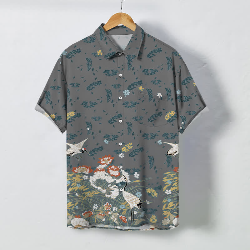 Buddha Stones 花柄鶴模様ボタン付き通気性メンズ半袖シャツ - グレー - US/UK/AU48、 EU58 (4XL) - image 5