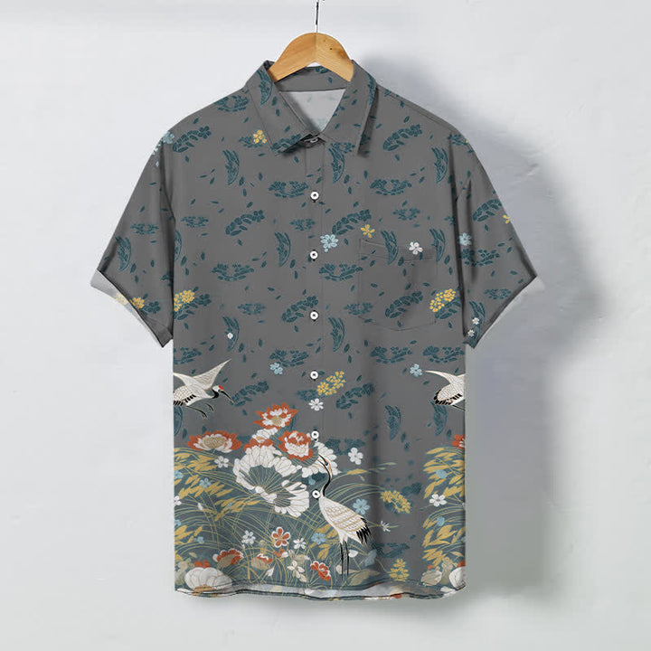 Buddha Stones 花柄鶴模様ボタン付き通気性メンズ半袖シャツ - グレー - US/UK/AU48、 EU58 (4XL) - image 5