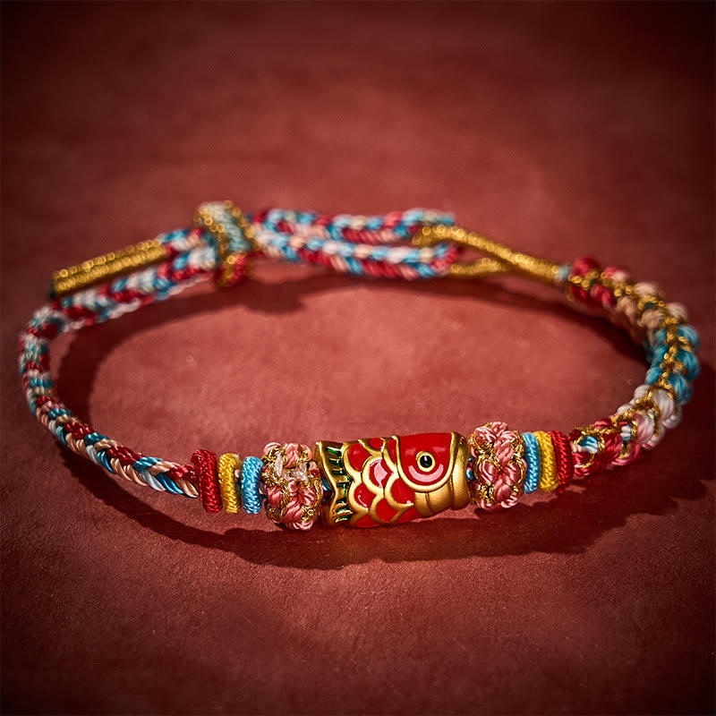 Buddha Stones 手織り桃の花と鯉の成就ロープブレスレット - image 1