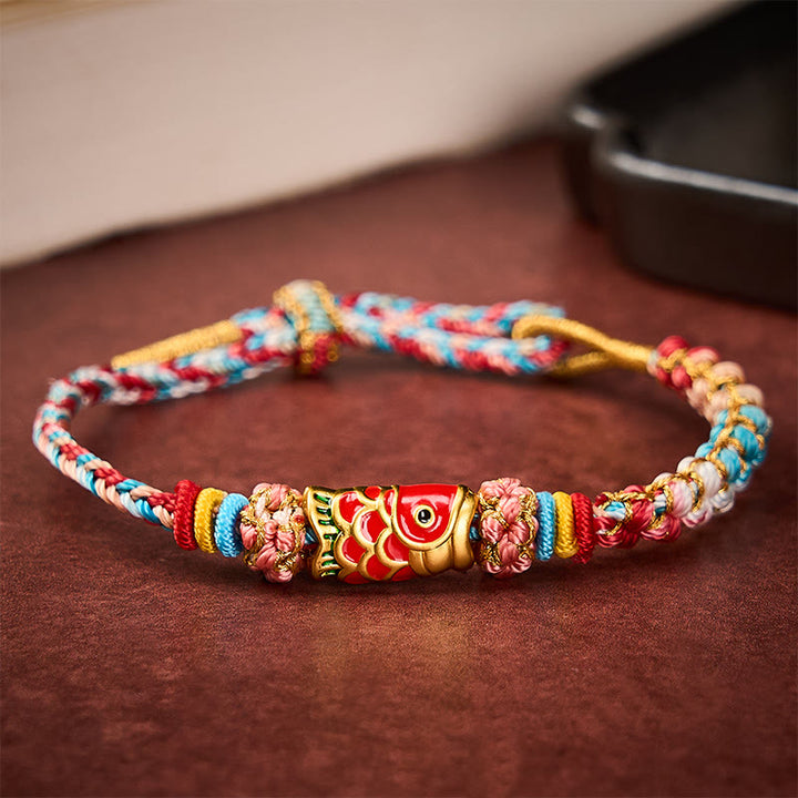 Buddha Stones 手織り桃の花と鯉の成就ロープブレスレット - image 11