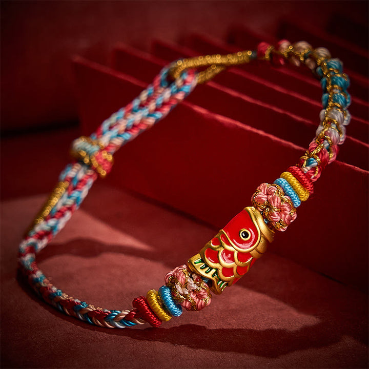 Buddha Stones 手織り桃の花と鯉の成就ロープブレスレット - image 2